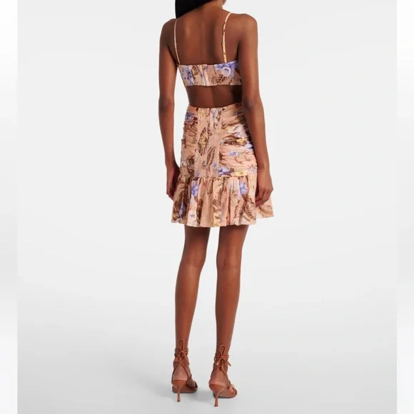 Zimmermann Coco Floral Print Bow Detail Mini Dress Peach Multi Various Size - Picture 3 of 16